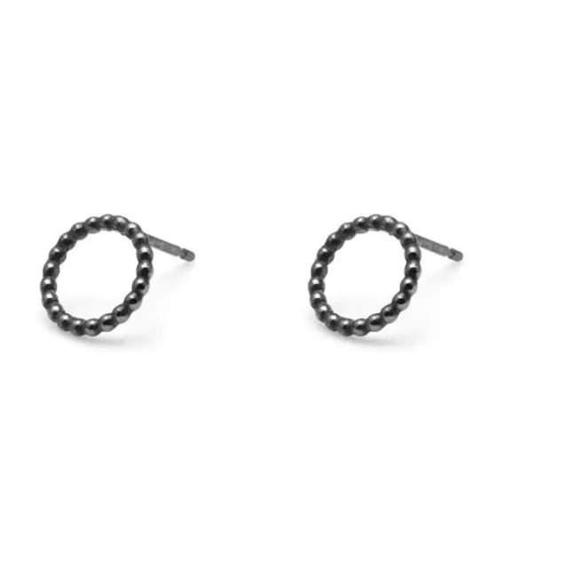 Mini Sphere Circle Stud Earrings  - Oxidised Silver