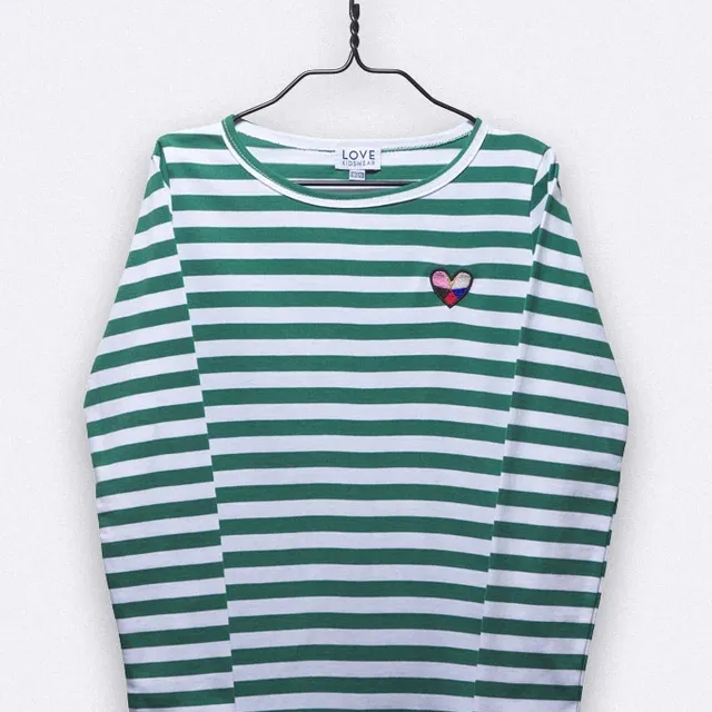 Tommy Longsleeve in green & white stripes with little heart embroidery