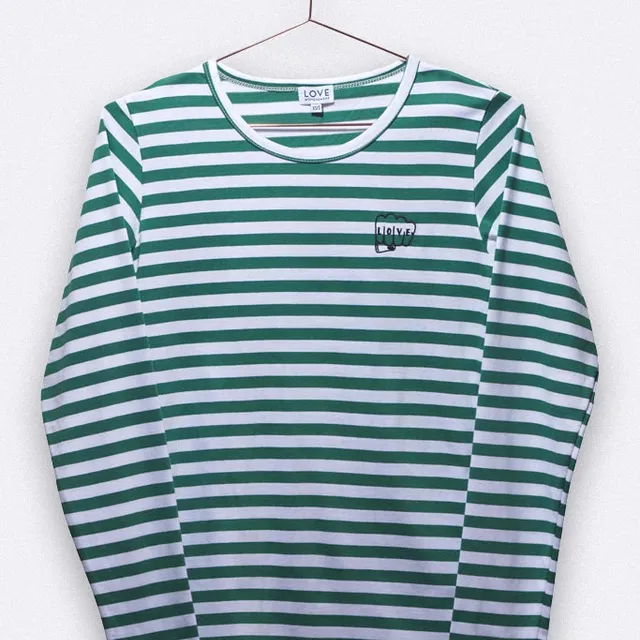 Tommy Longsleeve in green & white stripes with little fist embroidery for women