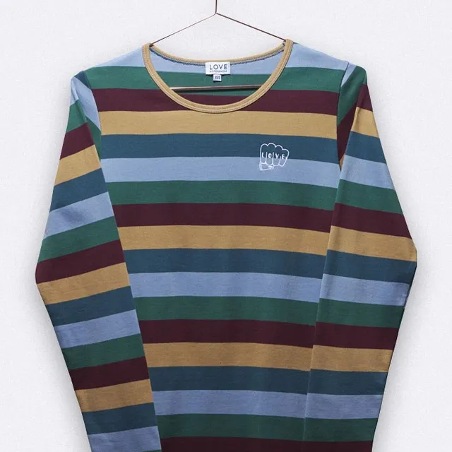 Tommy Longsleeve in wide multicoloured stripes with LOVE fist embroidery for women