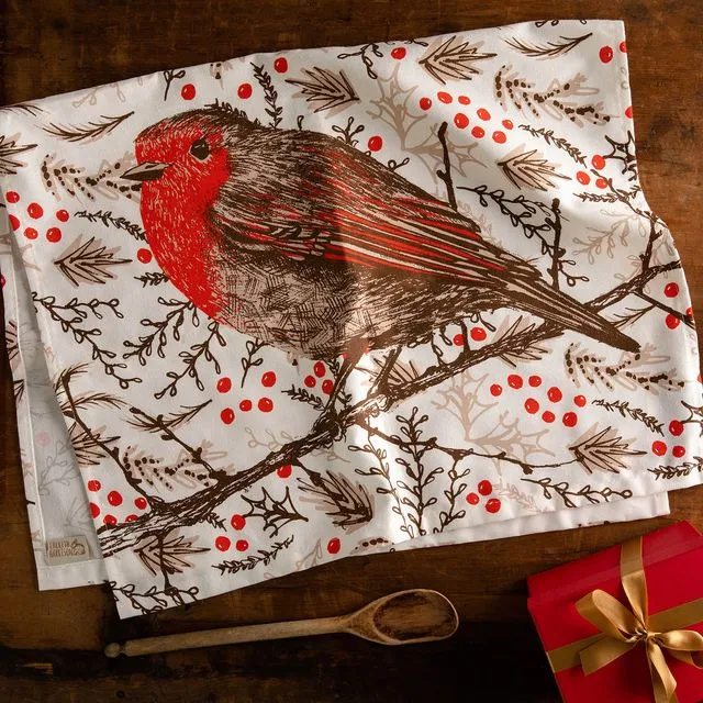 Christmas Robin Tea Towel