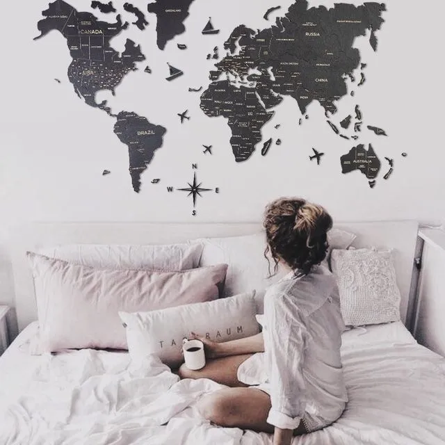 Wooden World Map Cut Out Travel Wall Map Color Black Standard