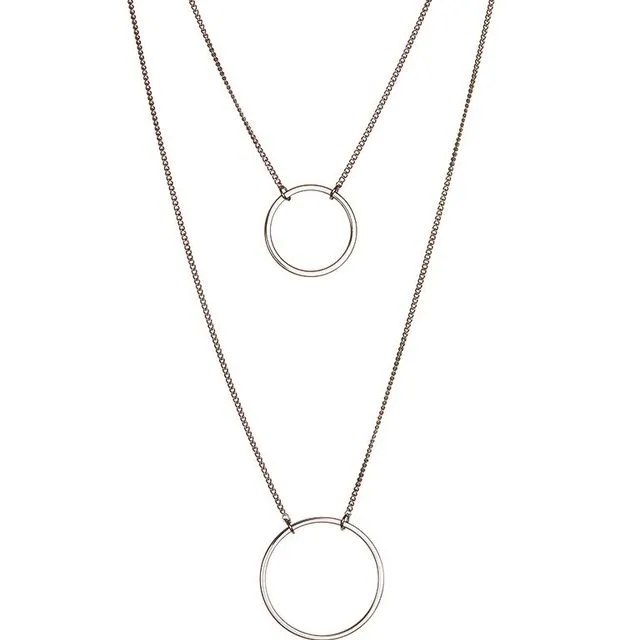 Silver Plated Double Necklace with Double Circle