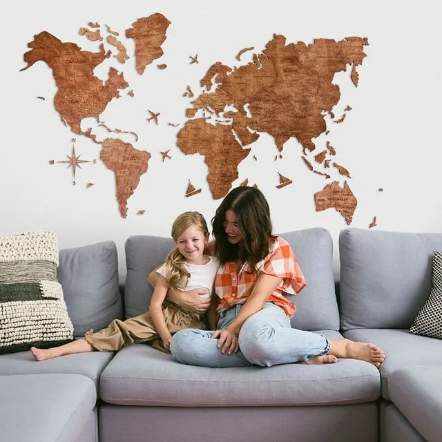Wooden World Map Cut Out Travel Wall Map Color Oak(Red) Standard