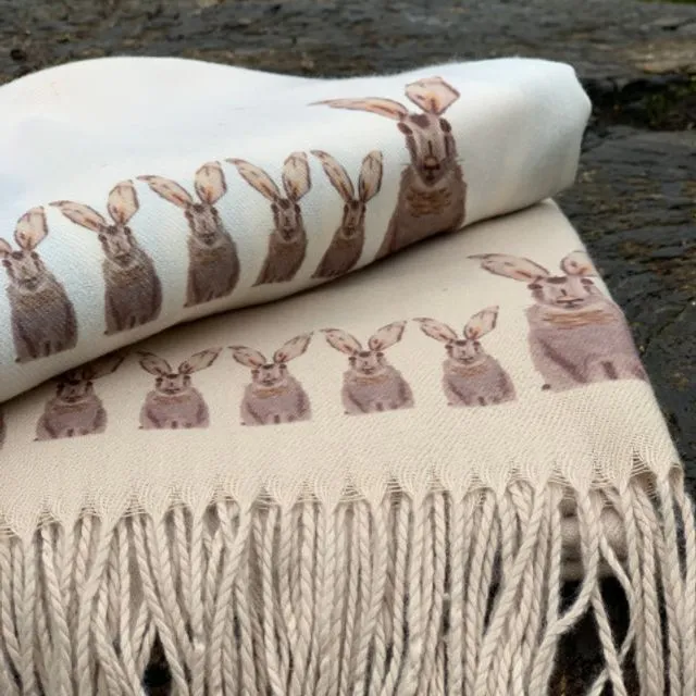 Cashmere Feel scarf handprinted with Hares