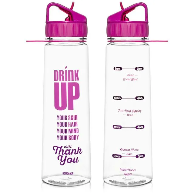 H2OCOACH - Drink Up Water Bottle With Time Markers - 30 Oz - Pink