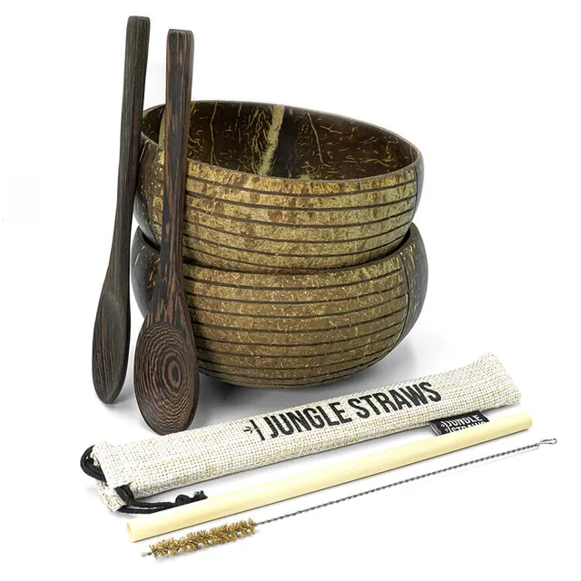 Coconut Bowls Set w/ 2 Organic Wooden Spoons, Bamboo Straw and Natural Jute Pouch (Striped Pattern)