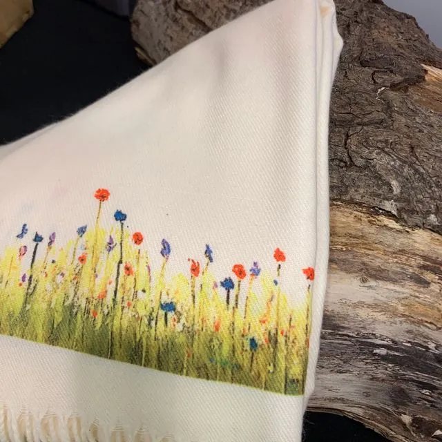 Cashmere Blend scarf in Cream handprinted with Wildflowers