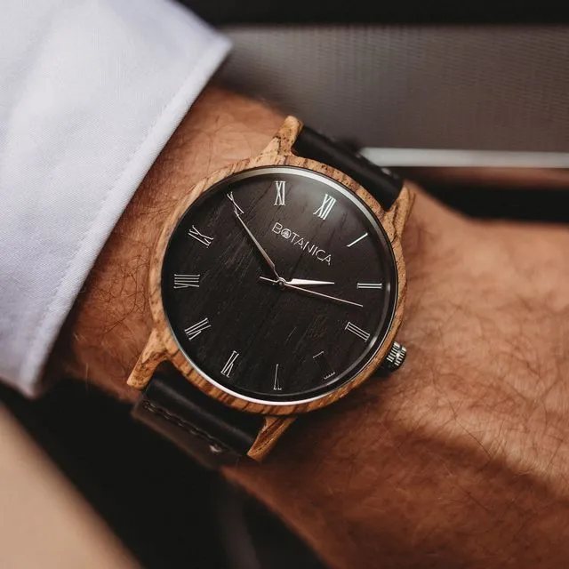 Botanica Watches | Ivy | Zebrano Wood Face with Real Soft Leather Black Strap