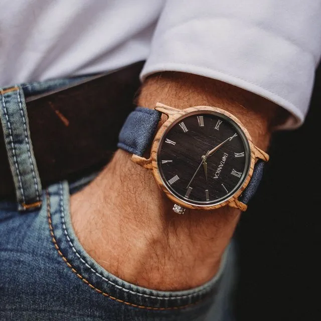 Botanica Watches | Ivy |Zebrano Wood Face with Vegan Navy Strap