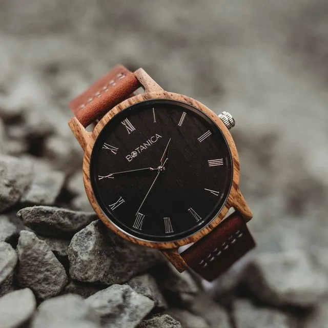 Botanica Watches | Ivy | Zebrano Wood Face with Real Soft Leather Brown Strap