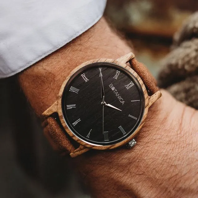 Botanica Watches | Ivy | Zebrano Wood Face with Vegan Tan Strap