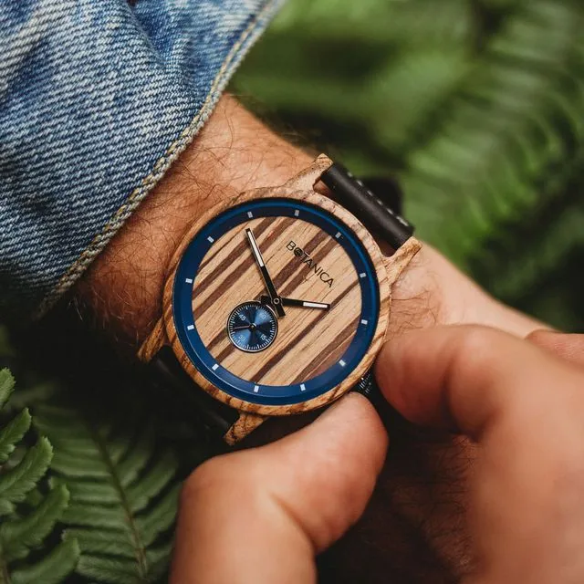 Botanica Watches |Sycamore| Zebrano Wood Face with Real Soft Leather Black Strap