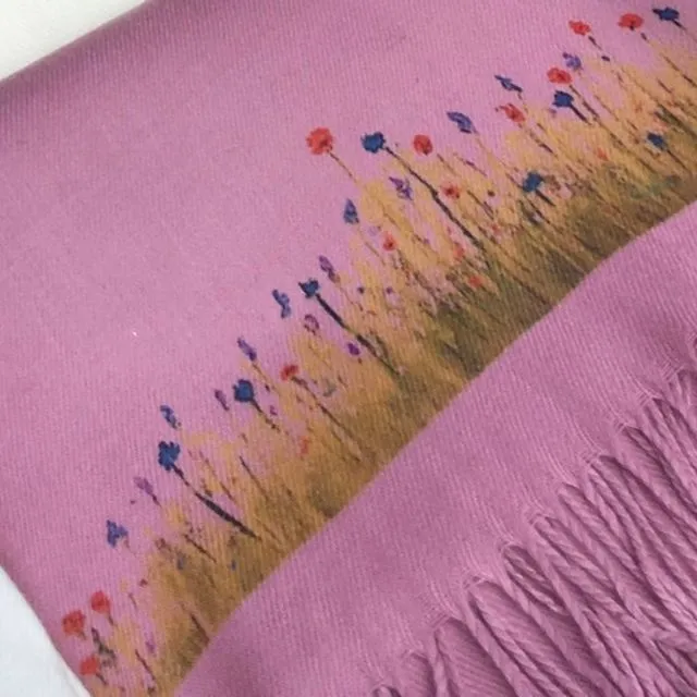 Cashmere feel scarf in Dusky Pink handprinted with Wildflowers