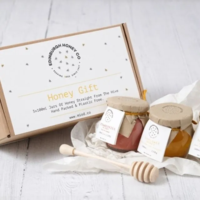 Scottish Honey Set of 3 x120g with Wooden Dipper