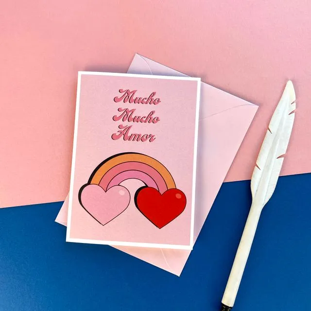 Rainbow hearts 'Mucho mucho amor' greetings card