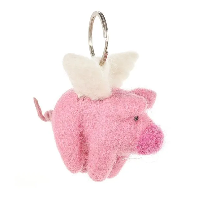 Handmade Fair trade Needle Felt Flying Pig Keyring