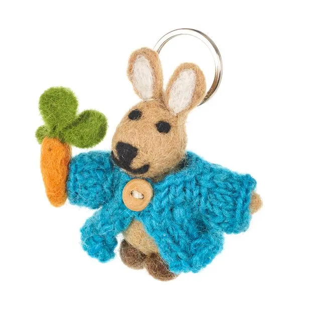 Handmade Fair trade Needle Felt Rabbit in Cardigan Keyring