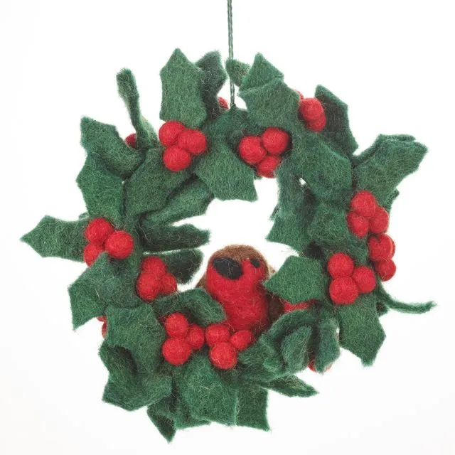 Handmade Felt Mini Holly Wreath with Robin Hanging Christmas Decoration