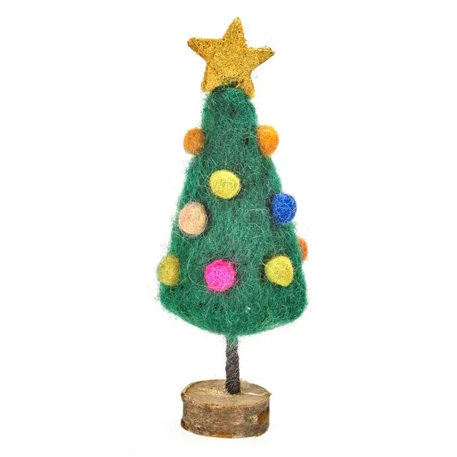 Handmade Felt Mini Christmas Tree on Wooden Base Standing Decoration