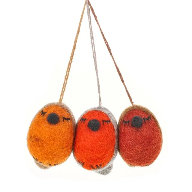 Handmade Felt Whimsical Winter Robins (Set of 3) Hanging Christmas Decoration