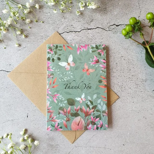 Butterflies and Blossom - Thank You Card - 6 x Cards