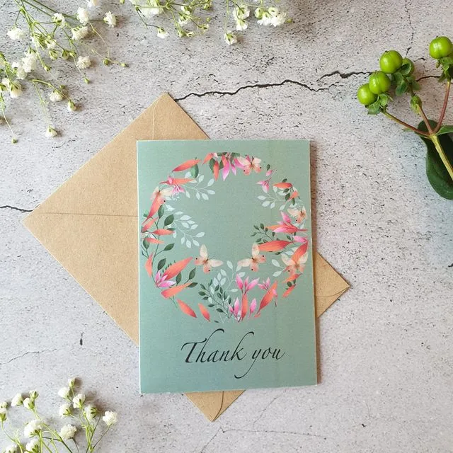 Butterflies and Blossom - Thank You Wreath Teal - Pack of Six