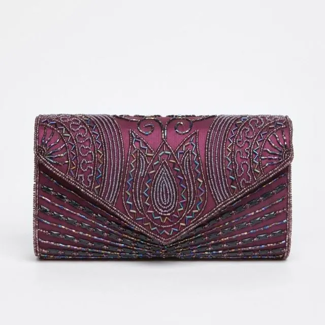 BEATRICE HAND EMBELLISHED CLUTCH BAG IN PURPLE PLUM