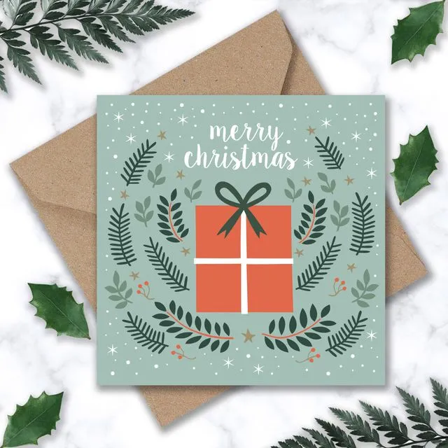 Christmas Present and Leaves cards x6