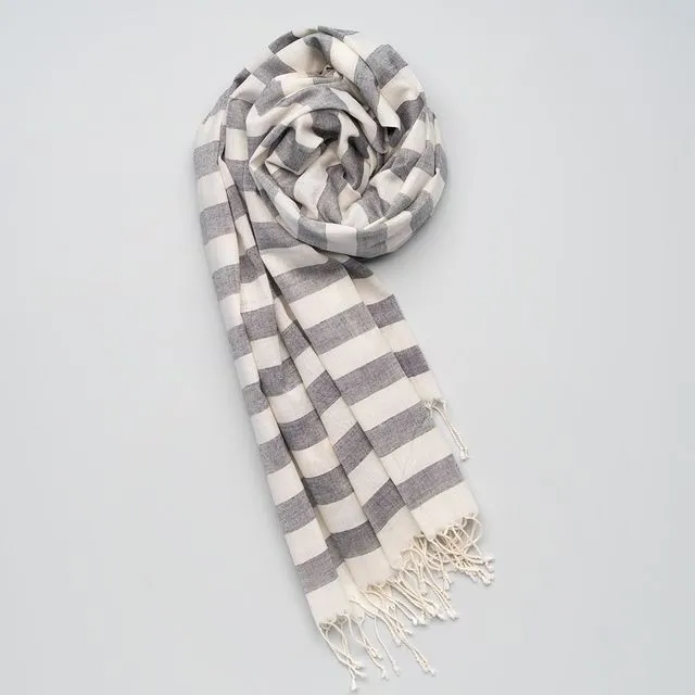 Soft handwoven cotton scarf grey-white stripes