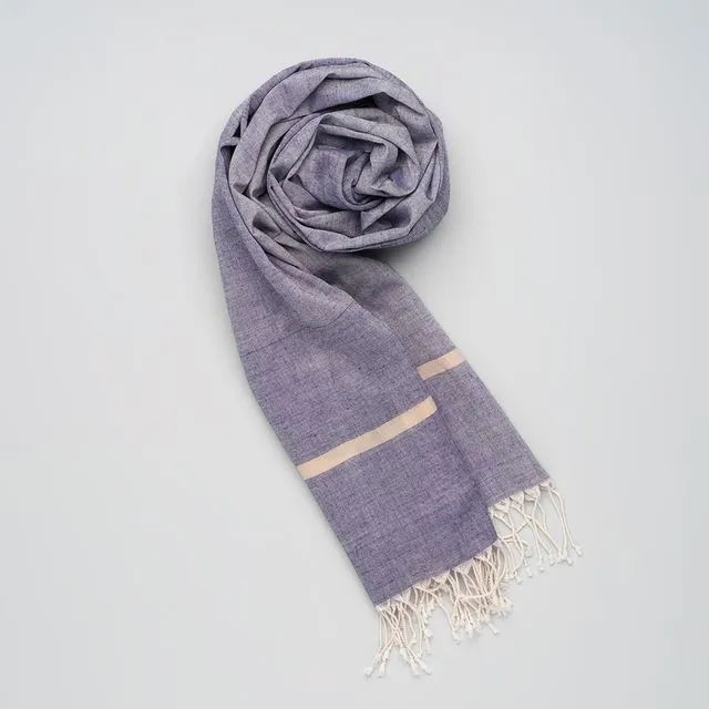 Soft handwoven cotton scarf 3 shades of blue with small white stripe on each end