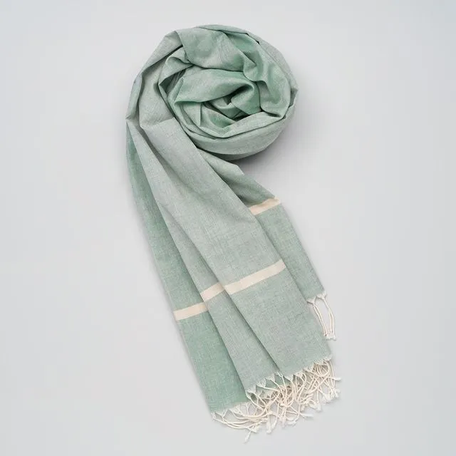 Soft handwoven cotton scarf green with small white stripe on each border