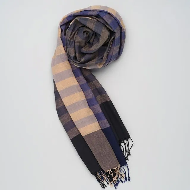 Soft handwoven cotton scarf blue-black-nude small blocks and stripes