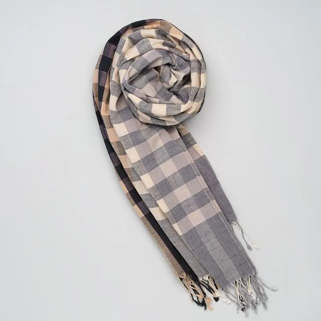 Soft handwoven cotton scarf grey-black-nude small blocks and stripes