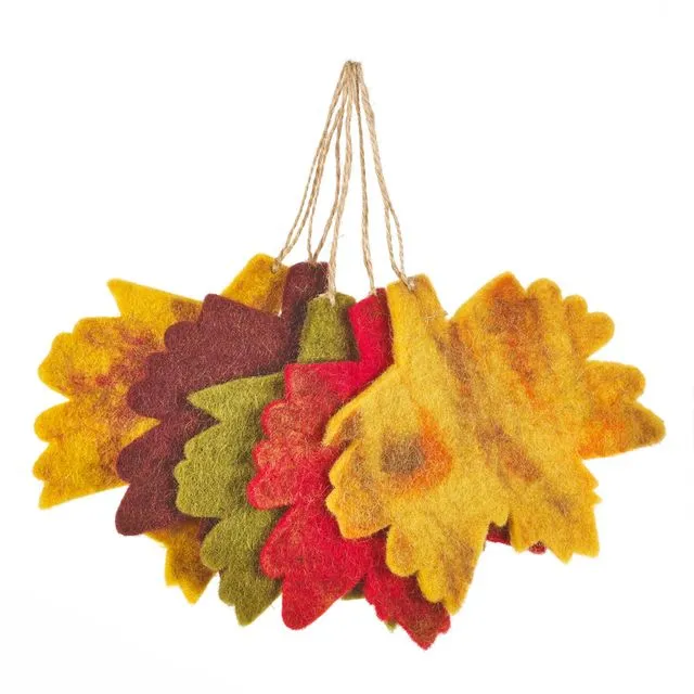 Handmade Felt Fair trade Autumnal Leaves (Set of 5) Hanging Decorations