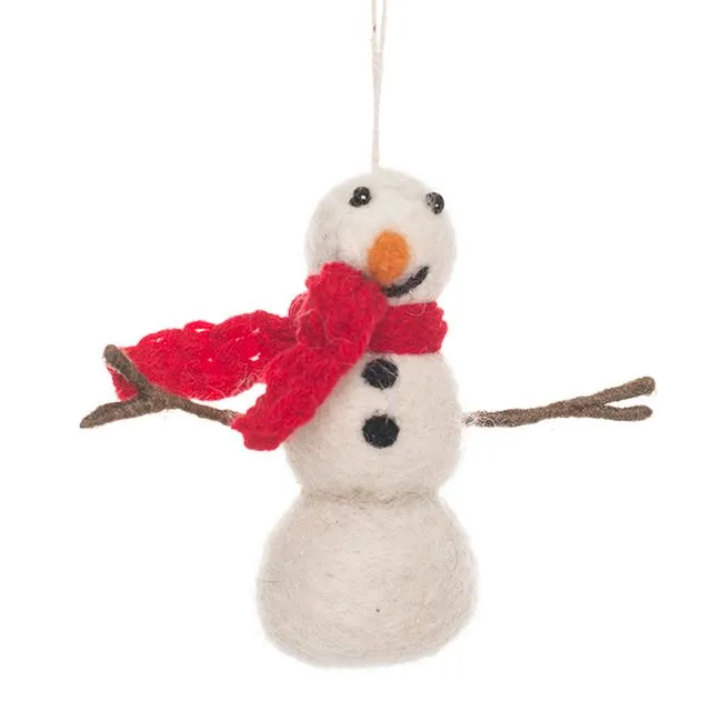 Handmade Felt Snowman with Knitted Scarf Biodegradable Hanging Decoration