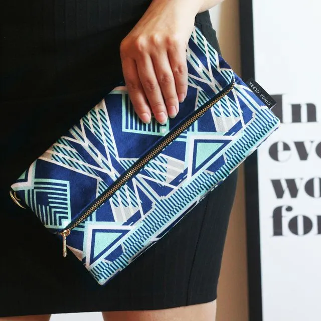 Francis Navy Velvet Clutch Bag with Leather Strap