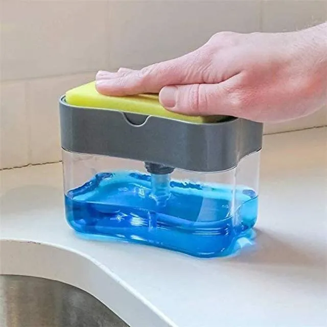 Dalax-Dish Soap Dispenser Detergent Squeezer for Kitchen Sink Dish Washing, Manual Press Liquid Pump & Sponge Holder 2 in1, Innovative Refillable Storage Container Countertop Soap Pump Dispenser Caddy