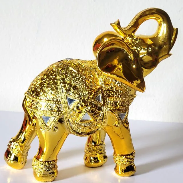 Dalax- 8” (H) Gold Color Elegant Elephant Statue with Trunk Facing Upwards Collectible Wealth Lucky Elephant Figurine, Perfect for Home Decor, Office Decoration Gift Set
