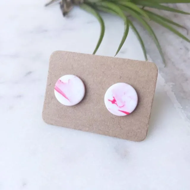 Stud Earrings -  red and white marbled round studs, pack of 3