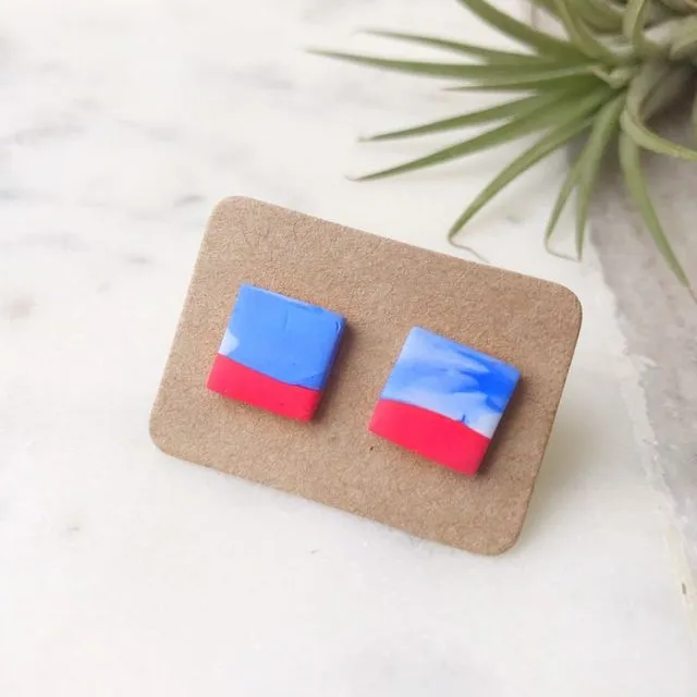Stud Earrings -  blue and red colour block square, pack of 3