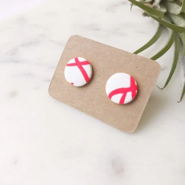 Stud Earrings -  red on white 'twig' round studs pack of 3