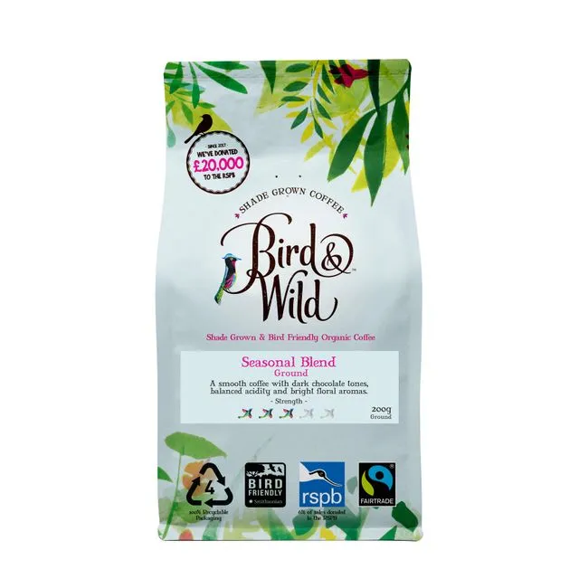 Medium Roast Ground Coffee, 200g, Fairtrade, Organic, Shade Grown, Bird Friendly, 6% of Sales Donated to RSPB