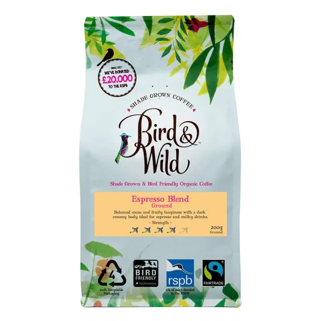 Dark Roast Ground Coffee, 200g, Fairtrade, Organic, Shade Grown, Bird Friendly, 6% of Sales Donated to RSPB