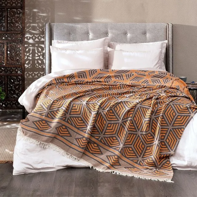 Ela Soft Jacquard Cotton Bedspread, Marigold Orange | 220 x 245 cm