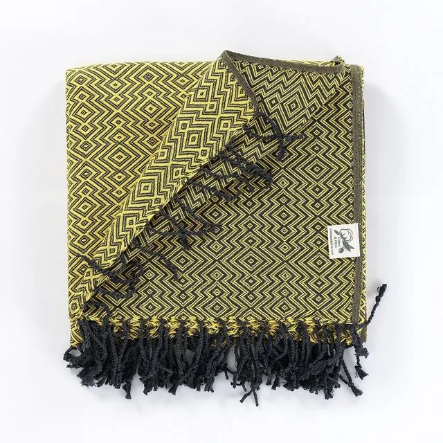 Rumeli Cotton Throw Blanket, Hand-Loomed, Yellow on Grey | 140 x 175 cm