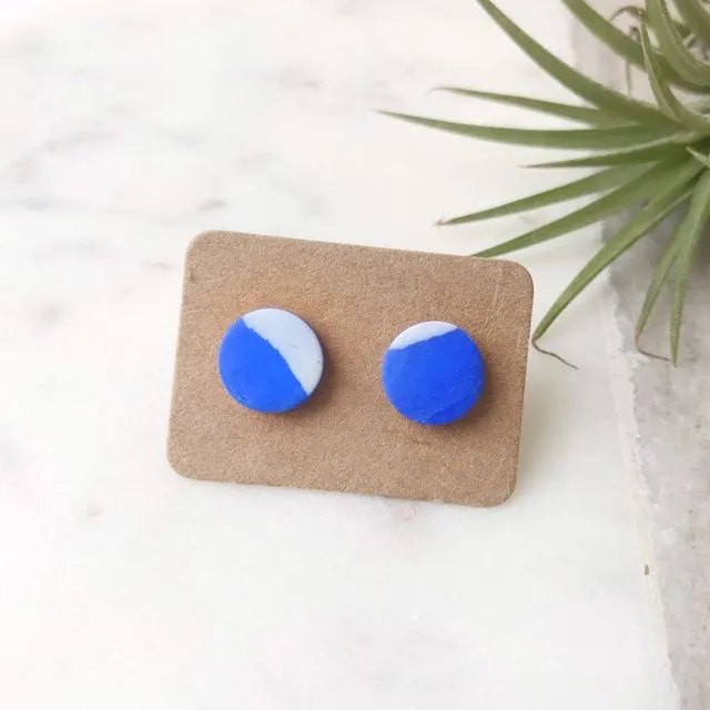 Stud Earrings - blue and white marbled round studs, pack of 3
