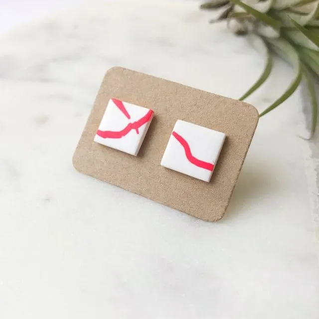 Stud Earrings - red on white 'twig' square studs, pack of 3