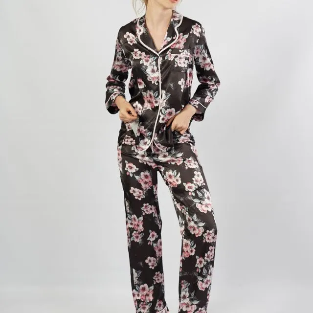 Women's Floral Satin Long Sleeve Pajama Set Black