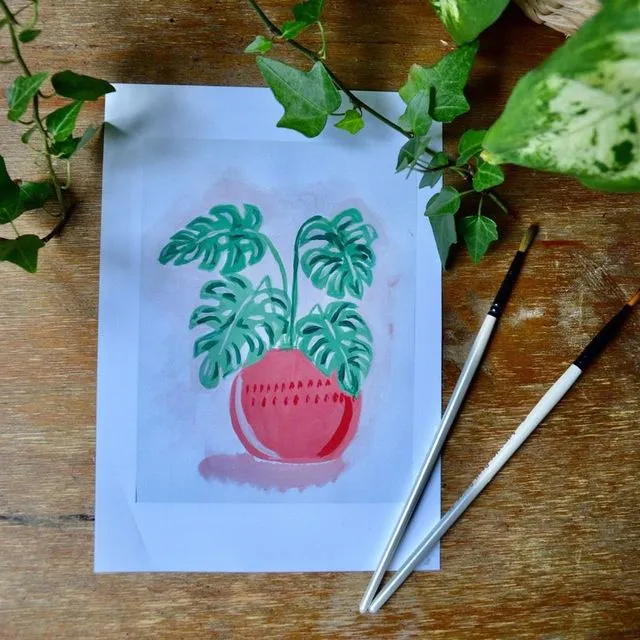 Hand Painted and Printed Artwork - Cheese Plant in Pot - A6 Postcard/Print